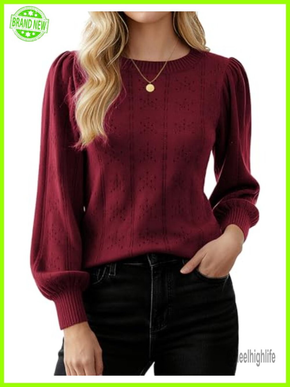 Puff Long Sleeve Crochet Knit Pullover Sweater Lantern Sleeve Slim Fit